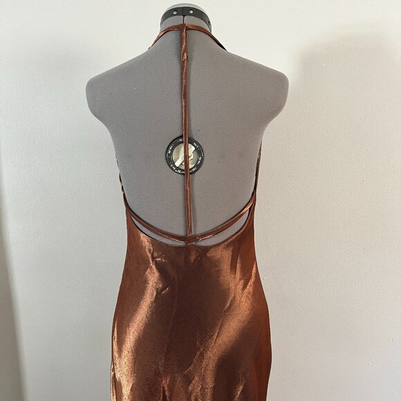 VTG 90's Geometrie Sz 8 Metallic Brown T Back Slinky Maxi Dress - Picture 5 of 9
